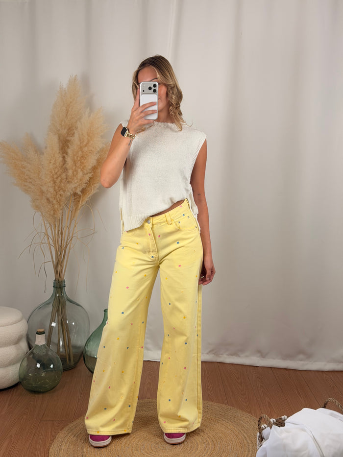 Jeans à fleurs brodées